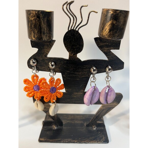 African Bone Cowrie Clip On Earrings 3 Pair Dangles2-3" Boho Hippie USA Made F3 - Picture 7 of 9